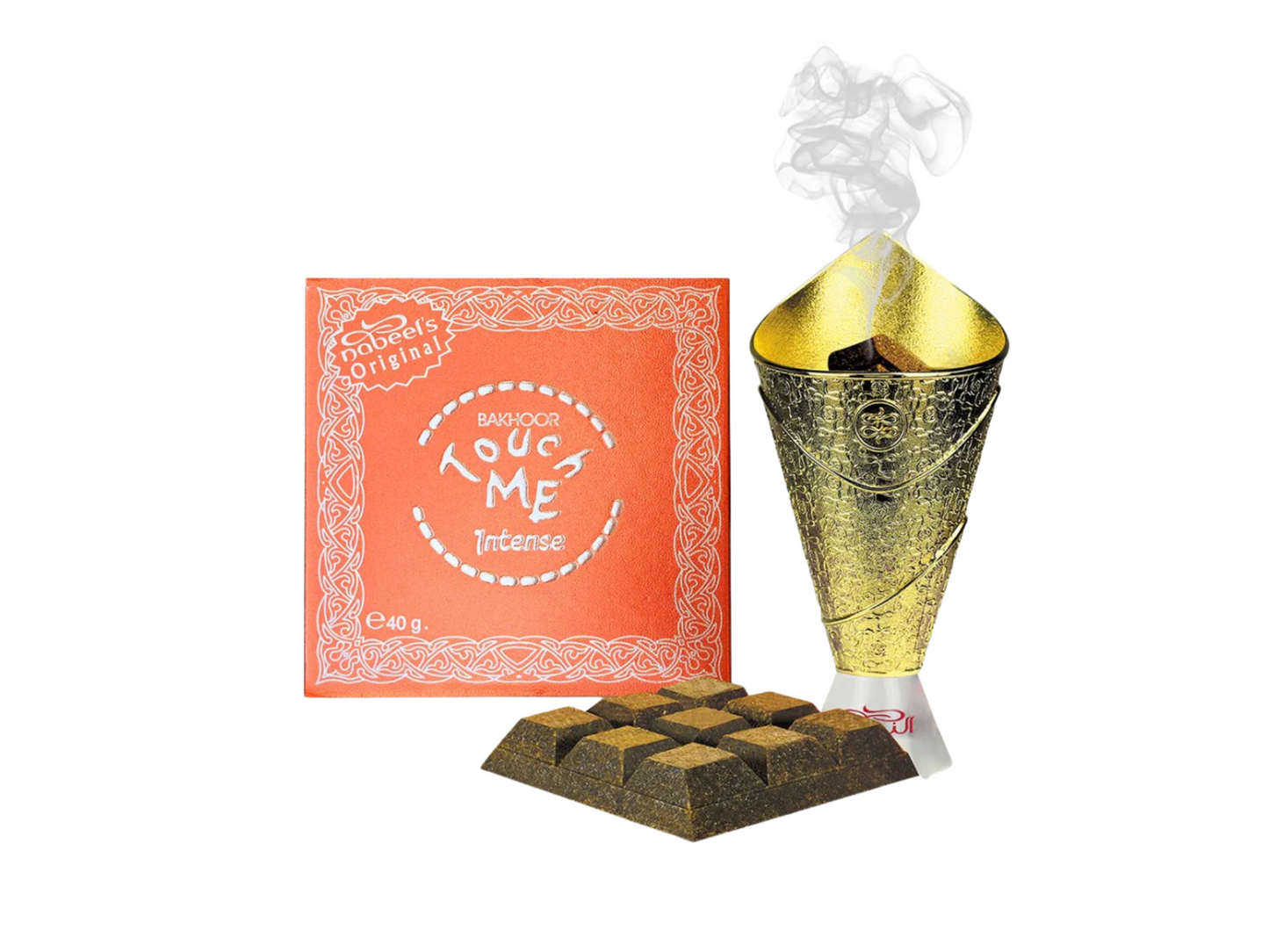 Bakhoor tablets infused together with packaging and a gold bakhoor burner on a white background