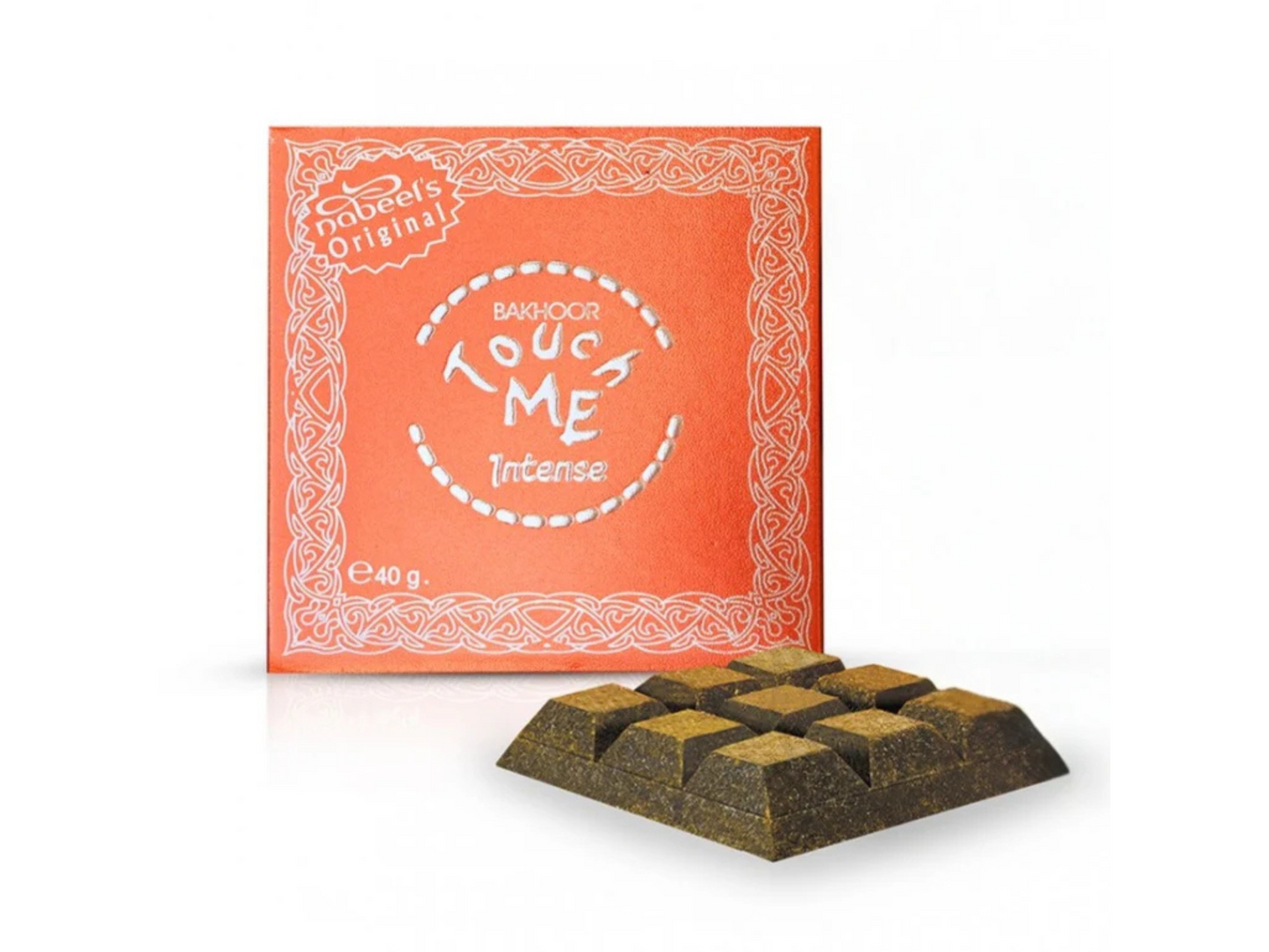 Bakhoor packaging with a orange packaging box on a white background