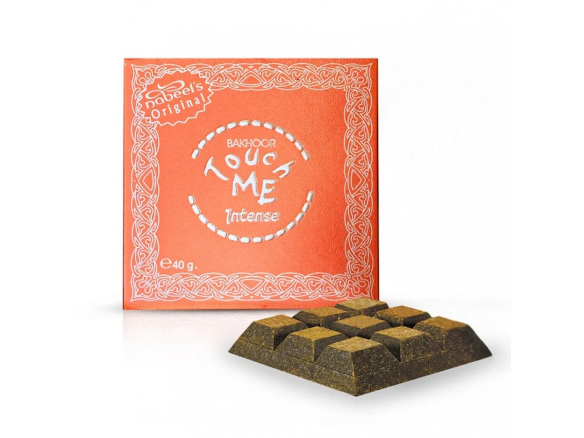 Bakhoor packaging with a orange packaging box on a white background