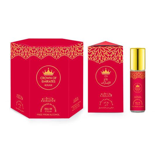 Nabeel Crown of Emirates Rouge roll on attar oil with packaging. Amani Manor