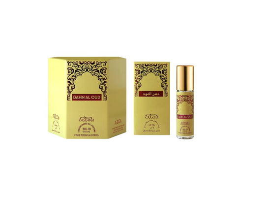 Nabeel Dahn Al Oud roll on attar oil bottle with packaging. Amani Manor