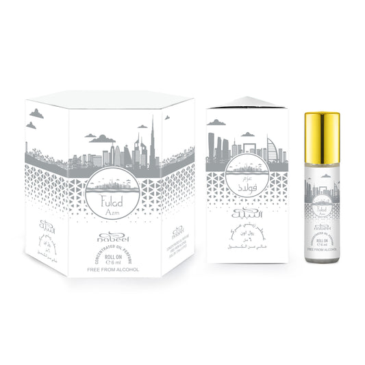 Nabeel Fulad Azm 6mL roll on attar oil with packaging. Amani Manor