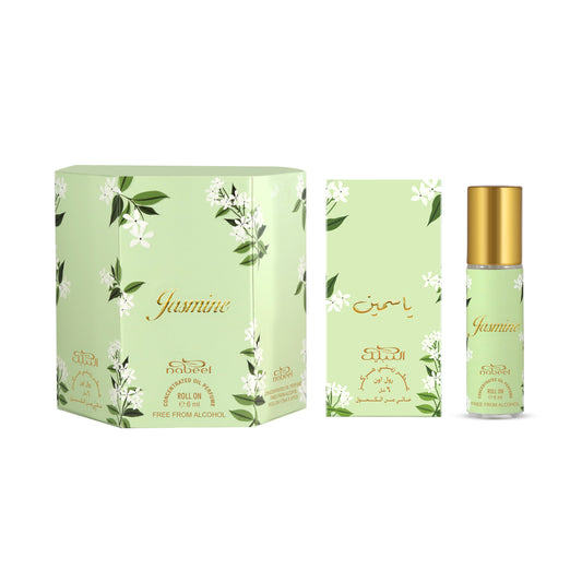 Nabeel Attar Jasmine 6mL Roll On perfume oil with packaging. Amani Manor