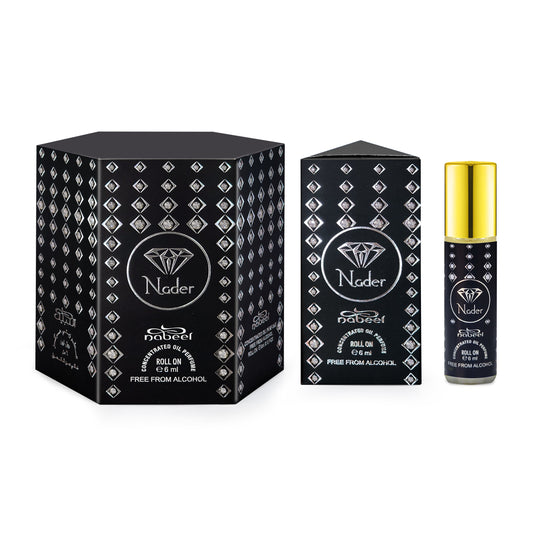 Nabeel attar Nader 6mL roll on fragrance oil bottle with box. Amani Manor