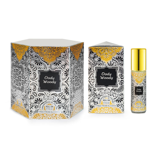Nabeel attar Oody Woody 6mL roll on attar oil bottle with packaging. Amani Manor