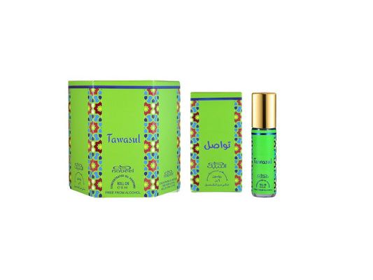 Nabeel attar Tawasul 6mL roll on oil bottle with packaging. Amani Manor
