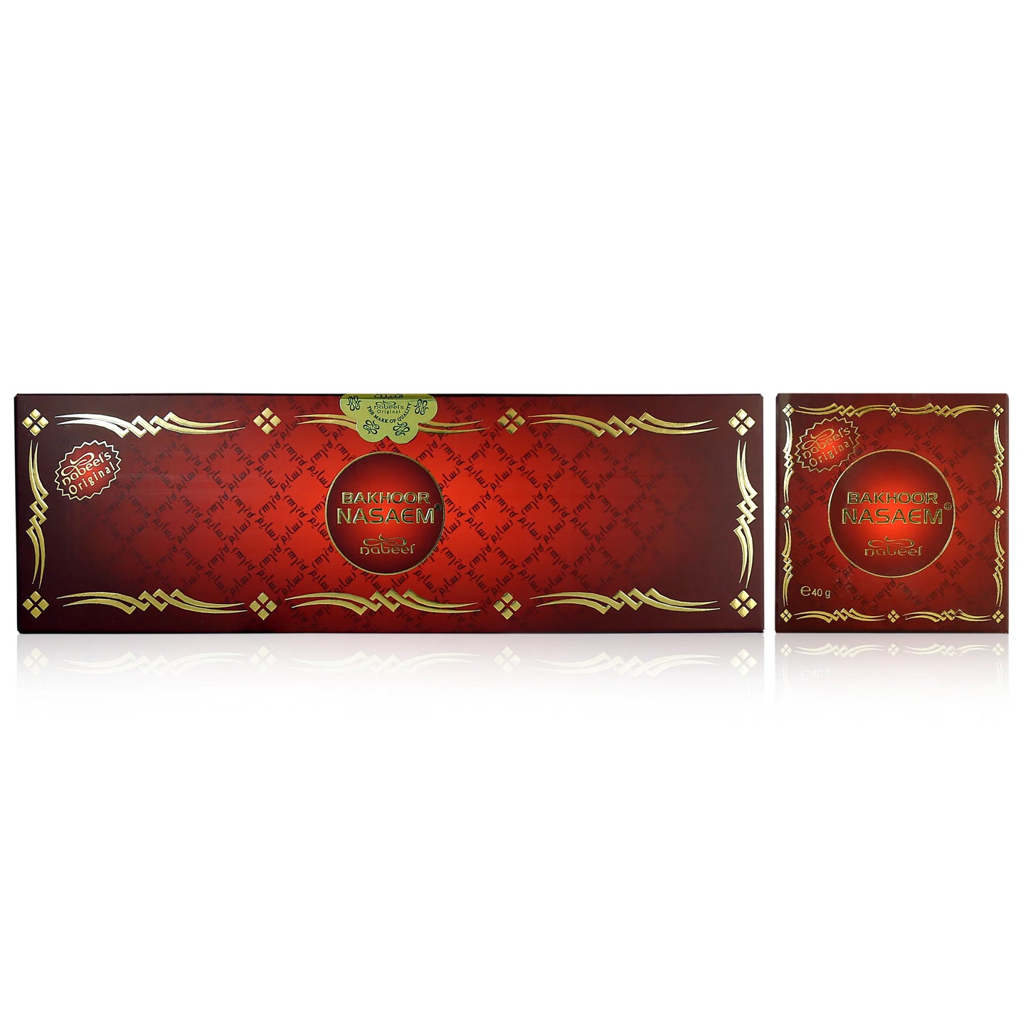 Two red boxes with gold patterns and a visible Nabeel brand logo on a white background