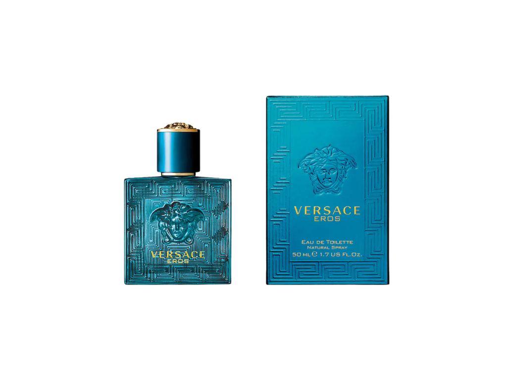 Versace Eros perfume bottle and packaging on a white background