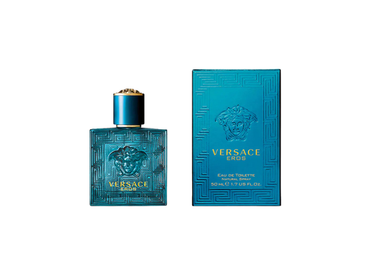 Versace Eros perfume bottle and packaging on a white background