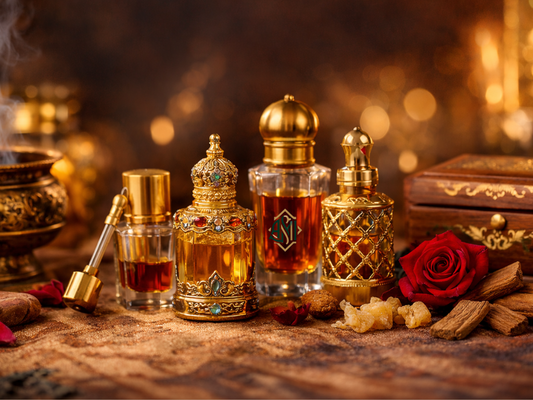 Bottle of perfumes oils and attars surrounded by fragrance accessories on a gold and brown luxurious background.