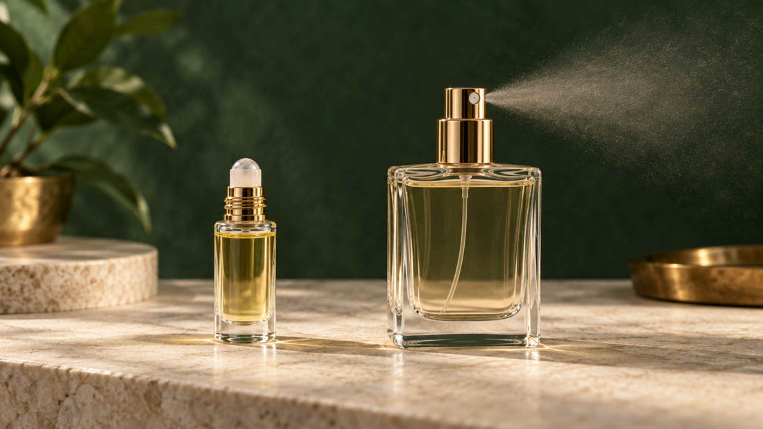 Roll on bottle and spray perfume bottle on a marble countertop.