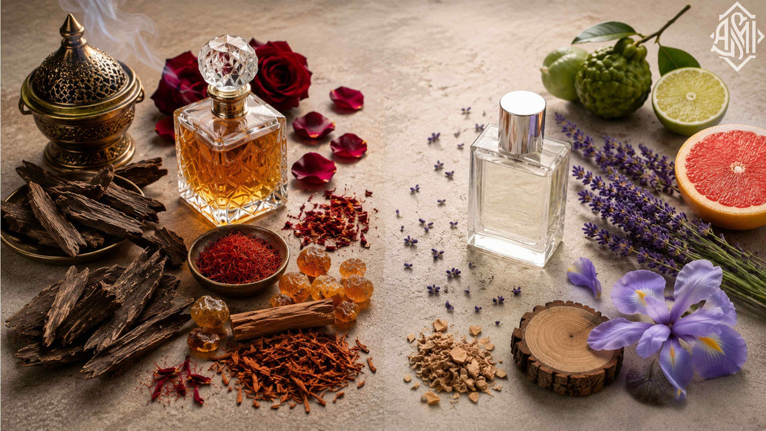 Two perfume bottles surrounded by natural ingredients and flowers on a textured beige surface, including a glass decanter with amber liquid, dried woods, rose petals, lavender, citrus slices, and purple irises.
