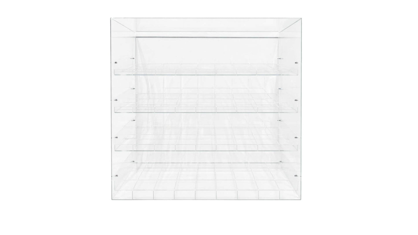 Transparent acrylic display with 4 tiers and 36 total slots on a white background.