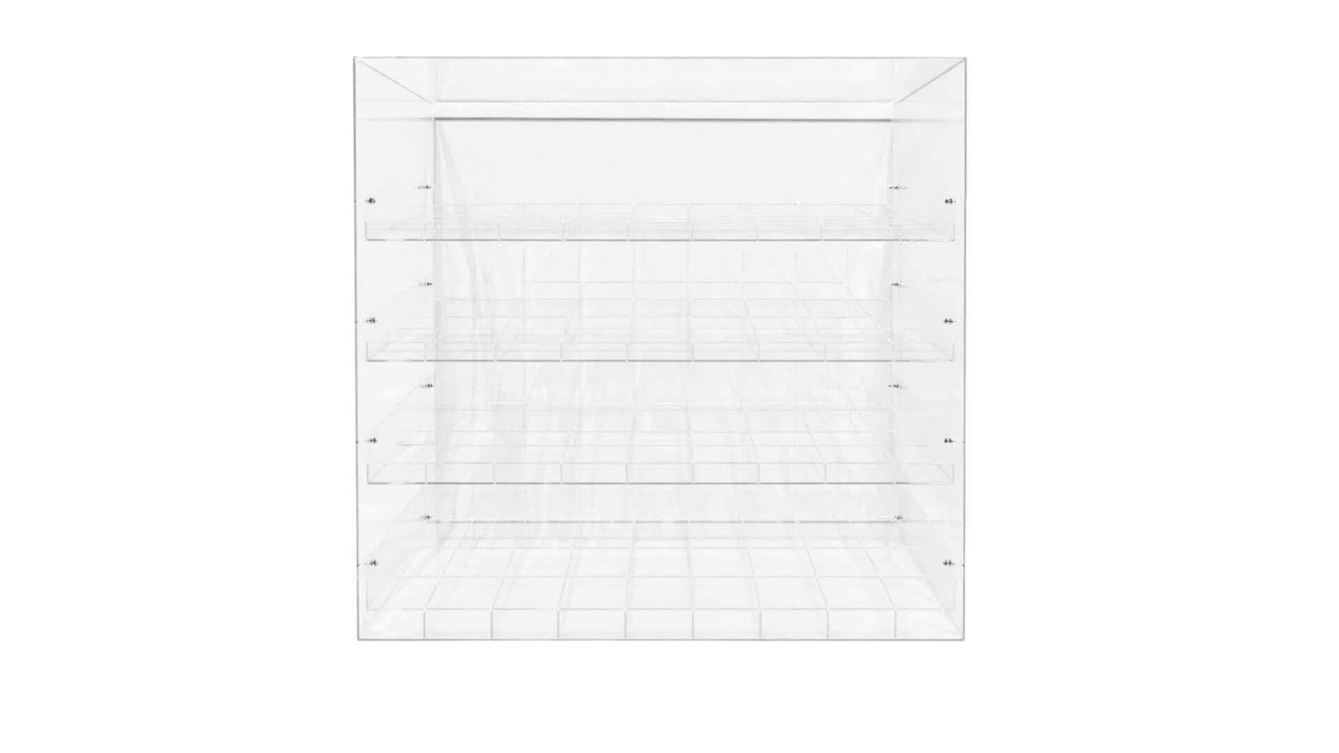 Transparent acrylic display with 4 tiers and 36 total slots on a white background.