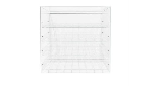 Transparent acrylic display with 4 tiers and 36 total slots on a white background.