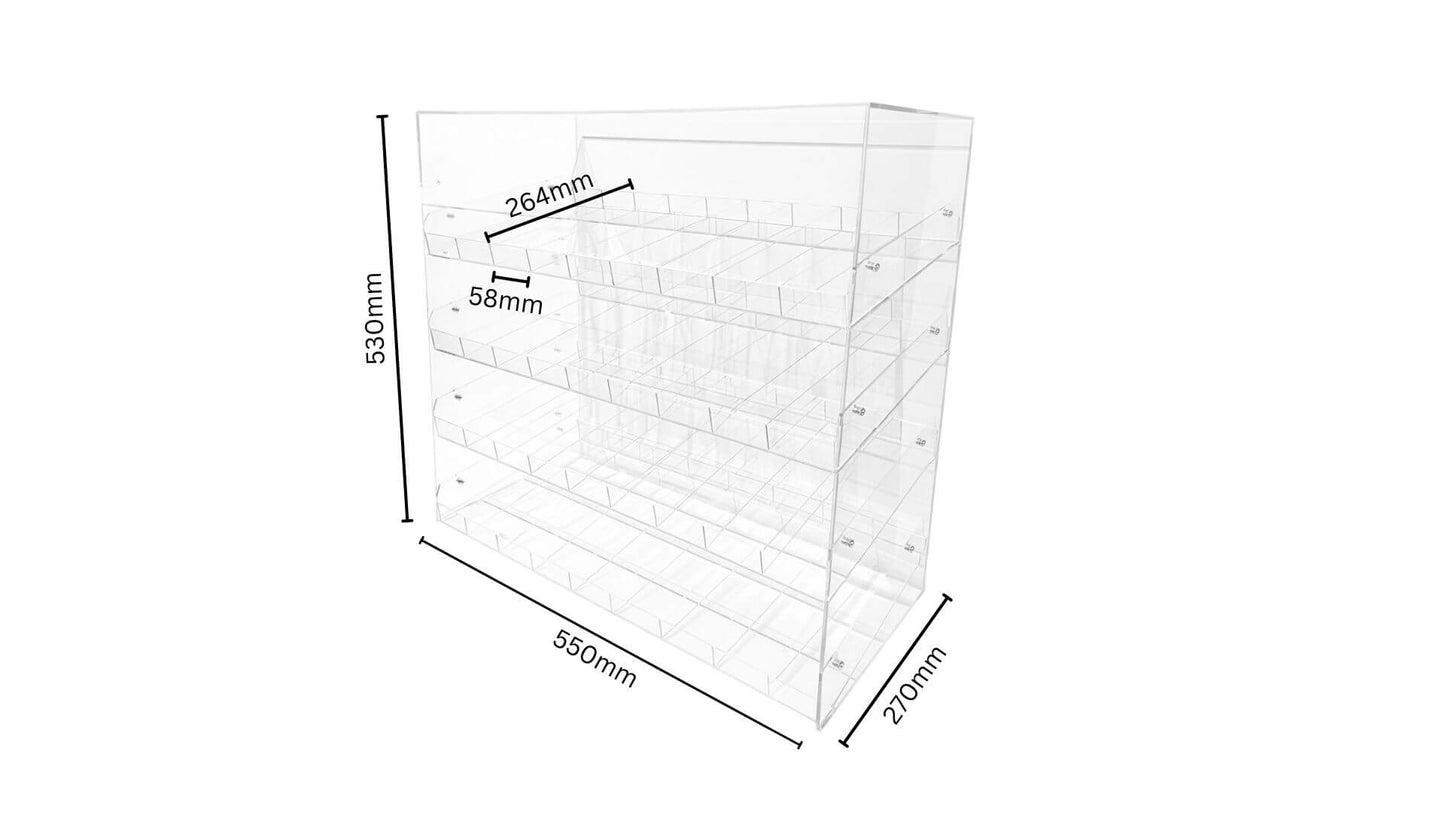 Transparent acrylic display with 4 tiers, 36 total slots and dimensions written on a white background.