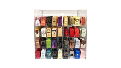 Filled transparent acrylic display with 4 tiers and 36 total slots on a white background.