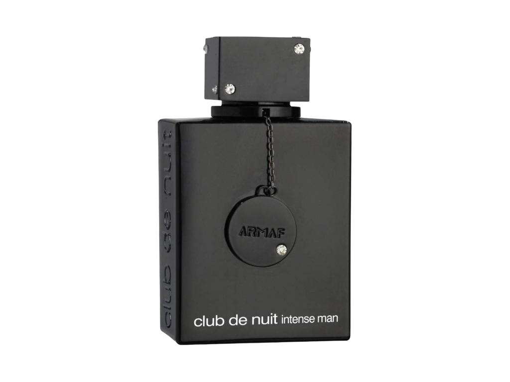Black perfume bottle labeled 'club de nuit intense man' by Armaf on a white background