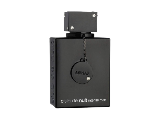 Black perfume bottle labeled 'club de nuit intense man' by Armaf on a white background