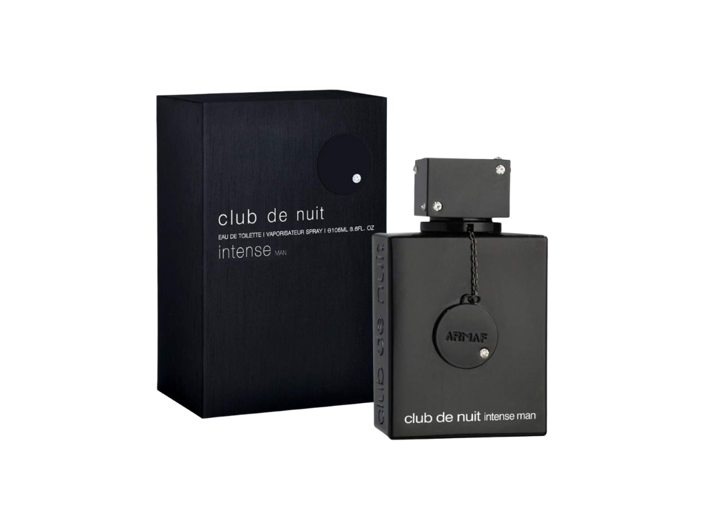 Black perfume bottle and packaging labeled 'club de nuit intense' on a white background