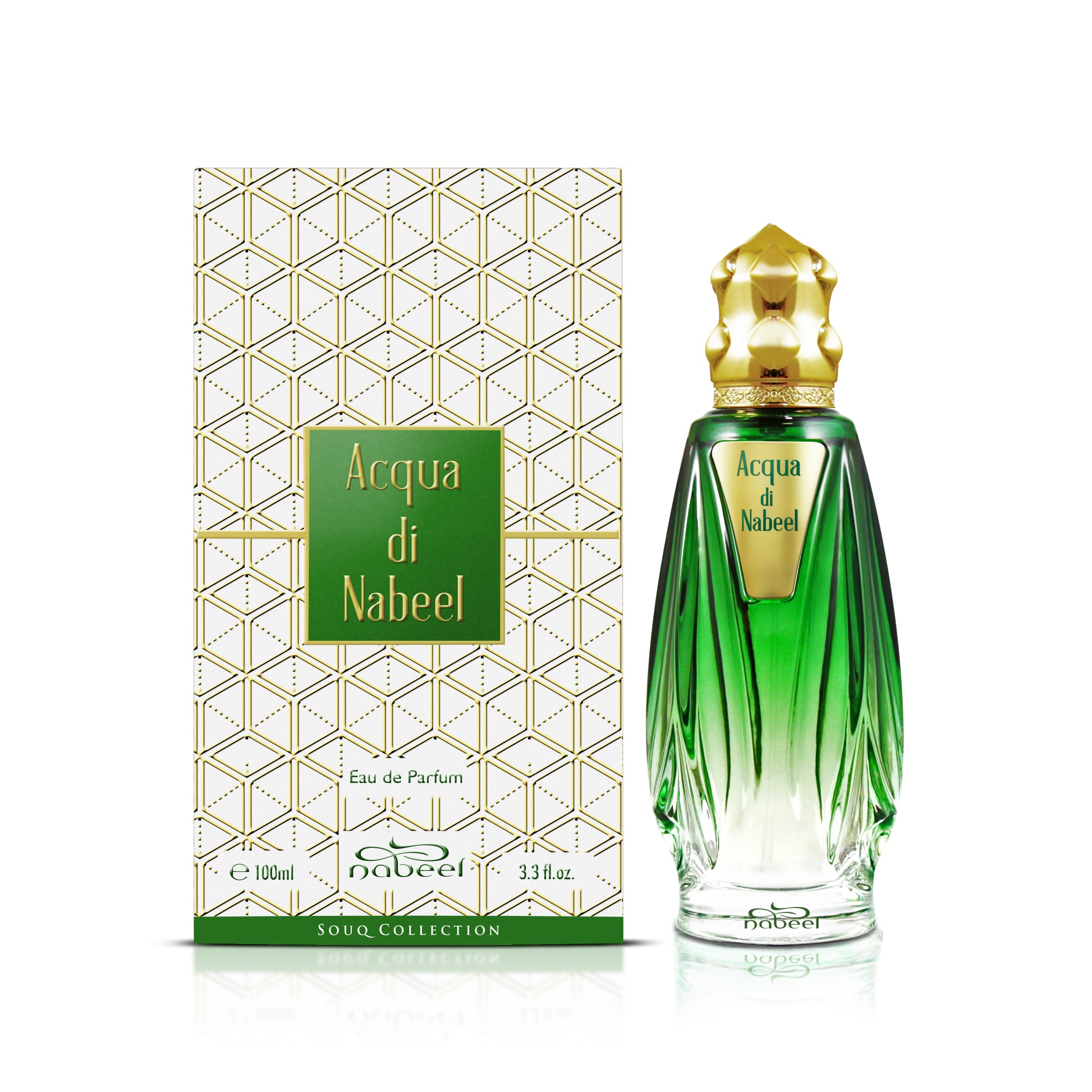 Green perfume bottle with gold cap and 'Acqua di Nabeel' packaging on a white background