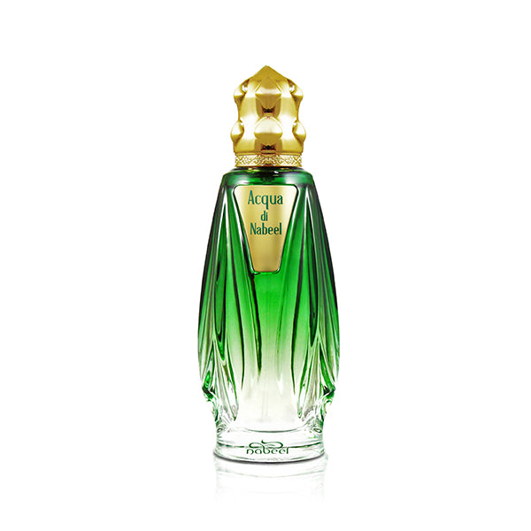 Green perfume bottle with gold cap on a white background