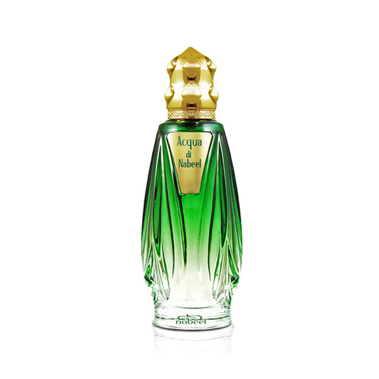 Green perfume bottle with gold cap on a white background