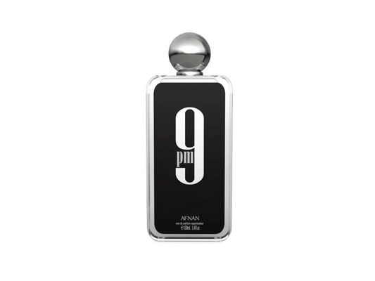 Afnan Perfume bottle with '9PM' on the label against a white background
