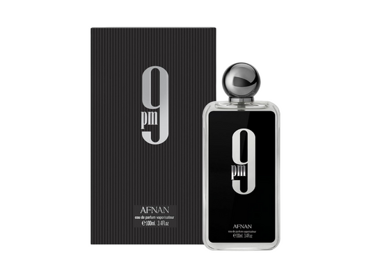 Afnan Perfume bottle and packaging with '9PM' design on a white background