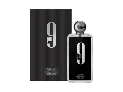 Afnan Perfume bottle and packaging with '9PM' design on a white background