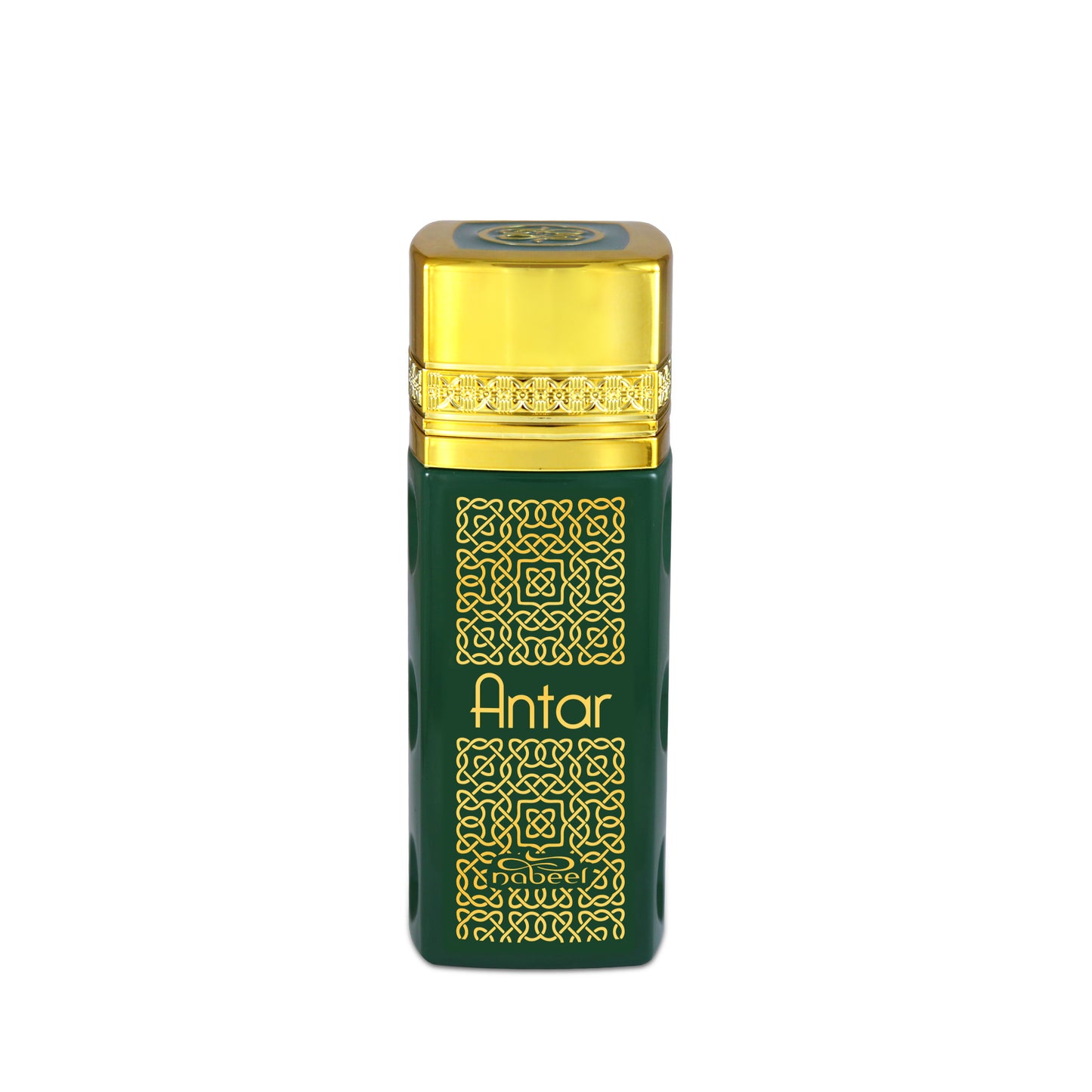 Antar eau de parfum bottle with green and gold design on a white background