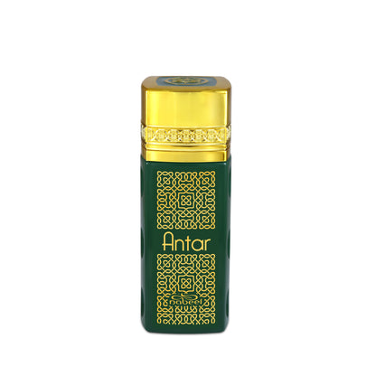 Antar eau de parfum bottle with green and gold design on a white background