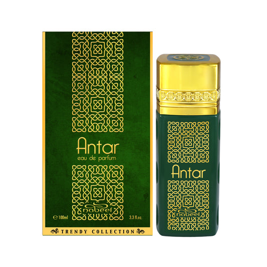 Antar eau de parfum bottle and packaging with green and gold design on a white background