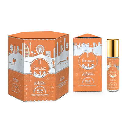 Orange packaging with 'birwaz' branding featuring a cityscape design on a white background. From left to right, there are images of the full pack, individual pack and bottle.