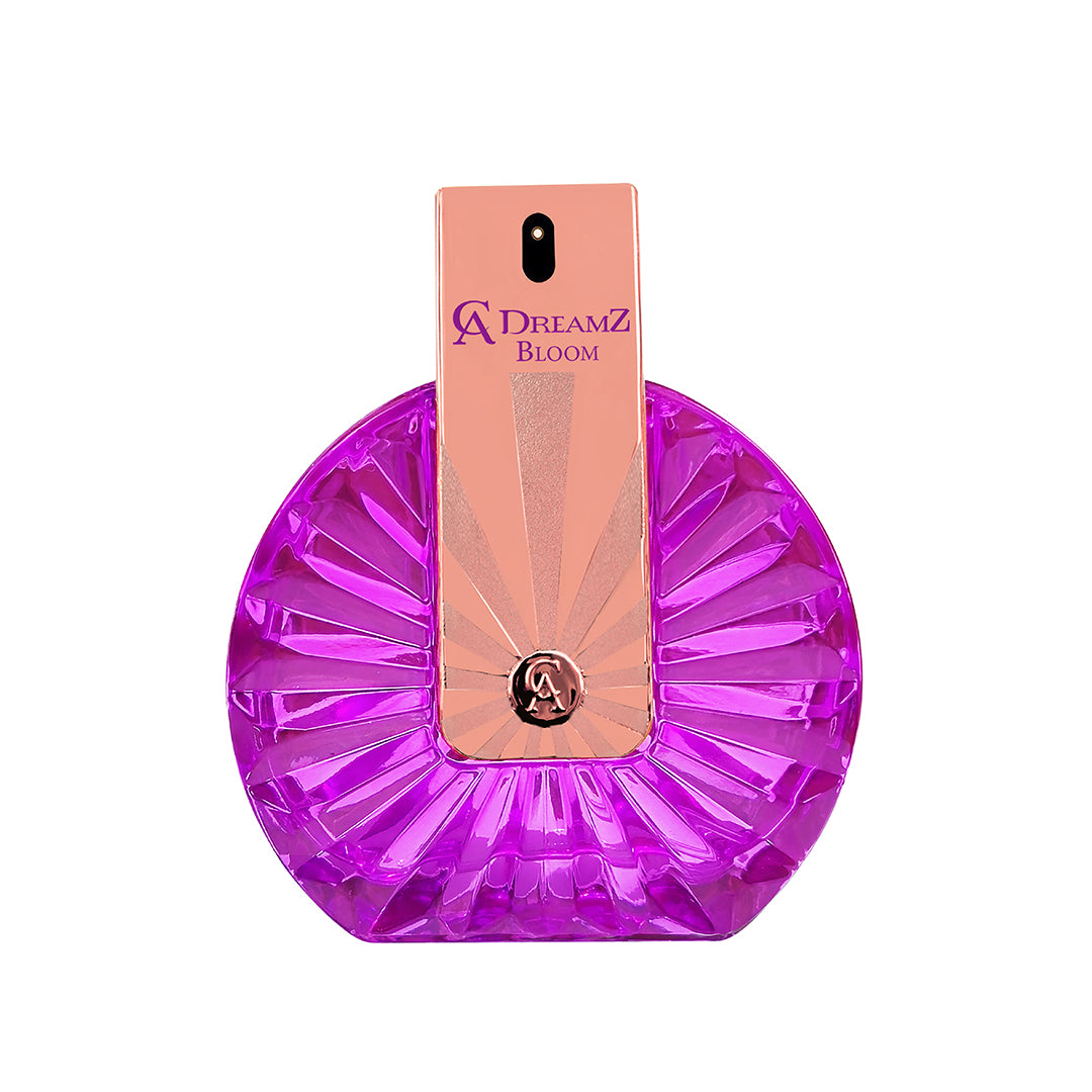Purple perfume bottle with pink packaging on a white background
