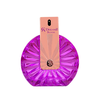 Purple perfume bottle with pink packaging on a white background
