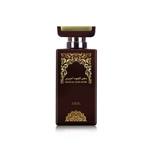 Brown perfume bottle with gold design and text on a white background