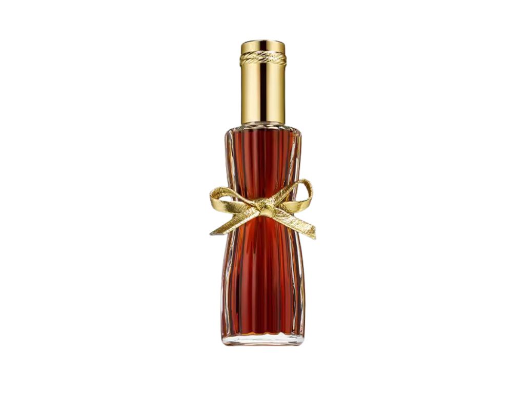 Estée Lauder Youth Dew perfume bottle with gold cap and decorative bow on a white background