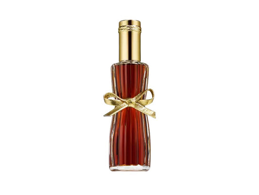 Estée Lauder Youth Dew perfume bottle with gold cap and decorative bow on a white background
