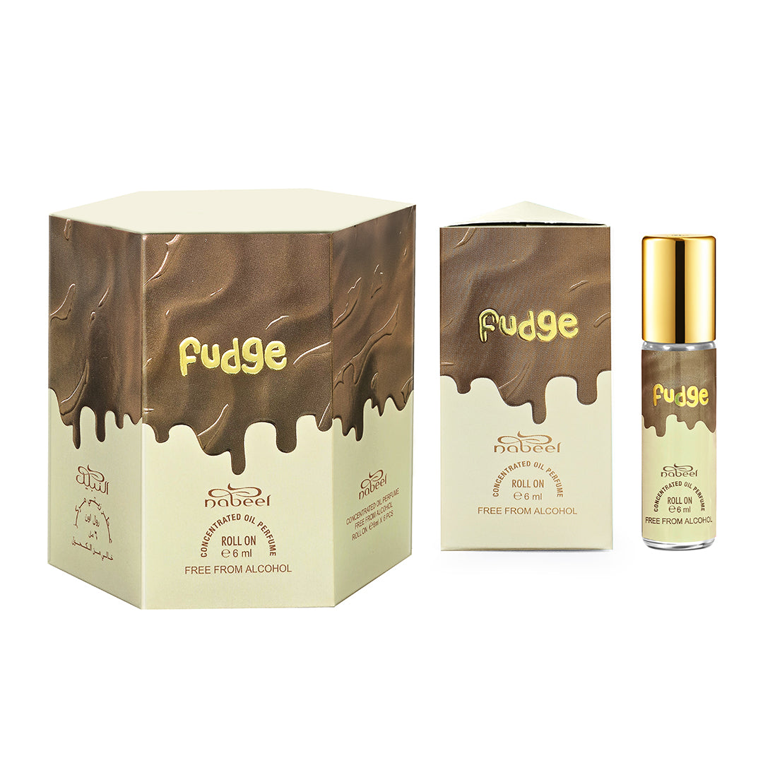 Fudge perfume oil packaging with box and bottle on a white background
