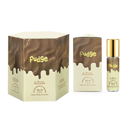 Fudge perfume oil packaging with box and bottle on a white background