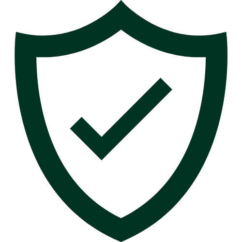 Green shield icon with a check mark on a white background verifying authenticity.