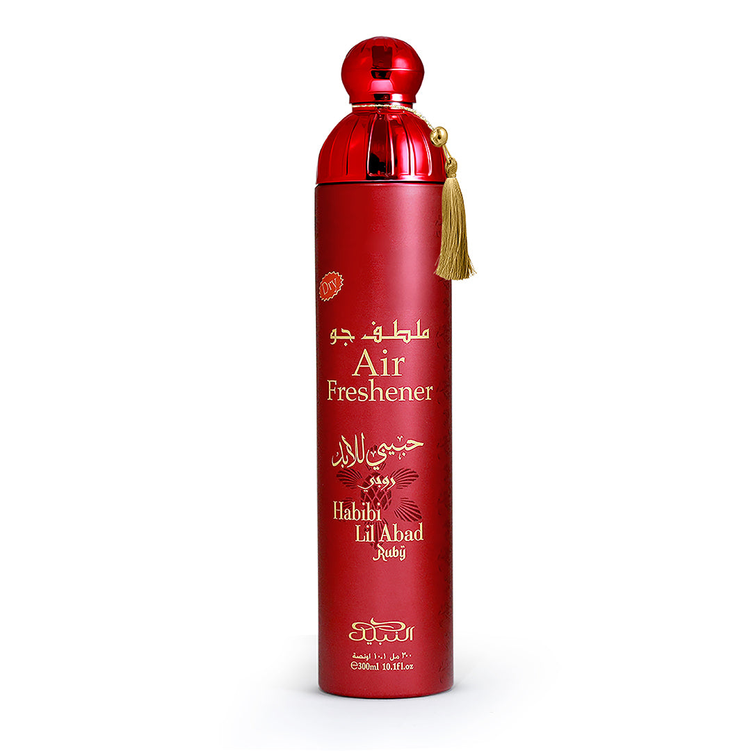 Red air freshener bottle with gold accents on a white background