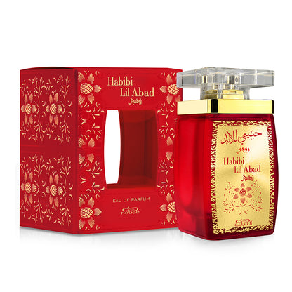 Red and gold Habibi Lil Abad Ruby perfume bottle with packaging on a white background