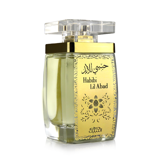 Perfume bottle labeled 'Habibi Lil Abad' with gold cap on a white background
