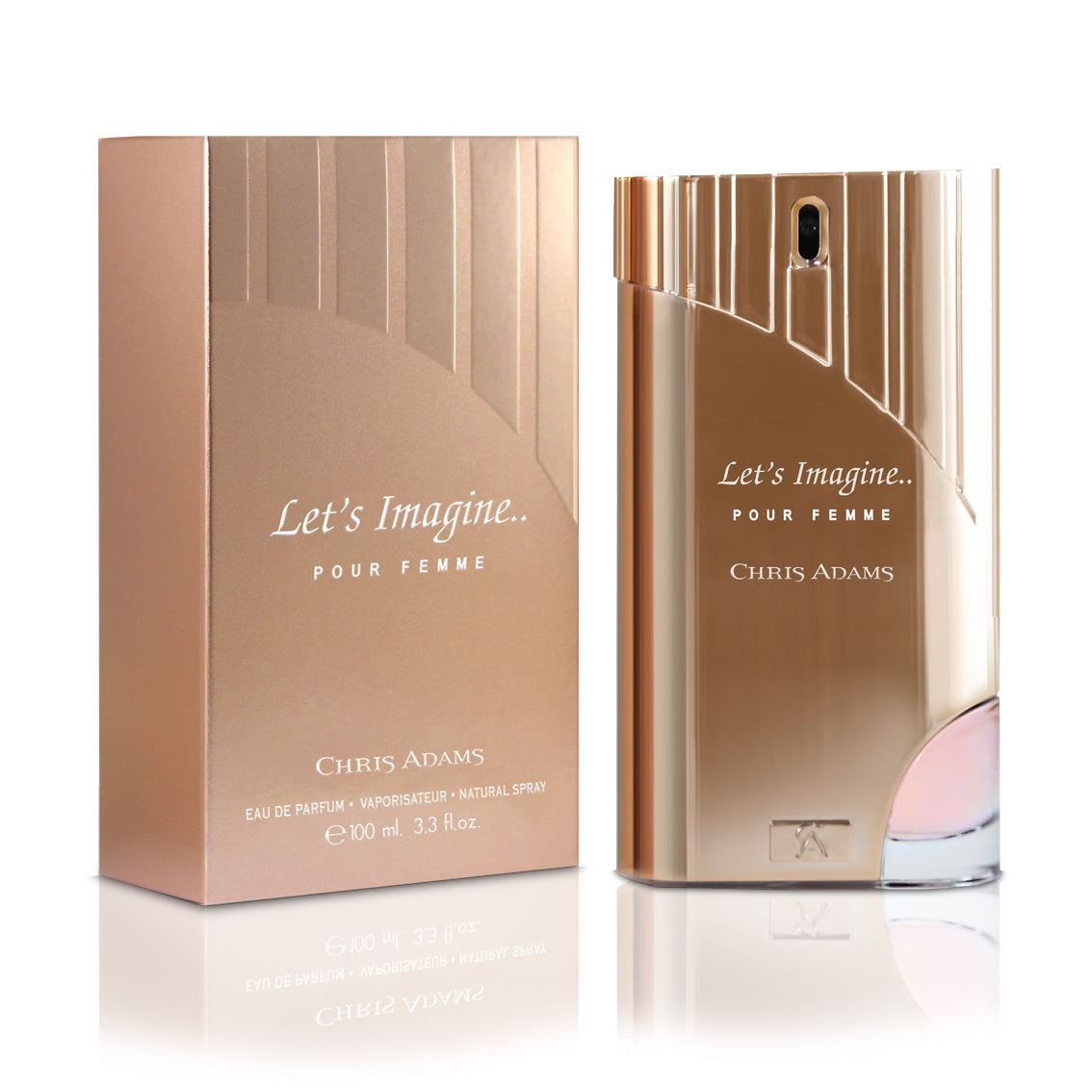 Perfume bottle and packaging of 'Let's Imagine Pour Femme' by Chris Adams on a white background