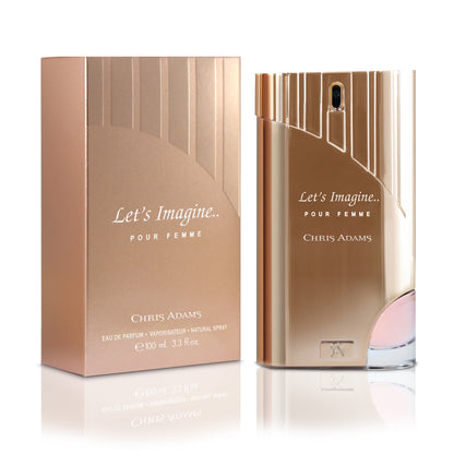Perfume bottle and packaging of 'Let's Imagine Pour Femme' by Chris Adams on a white background