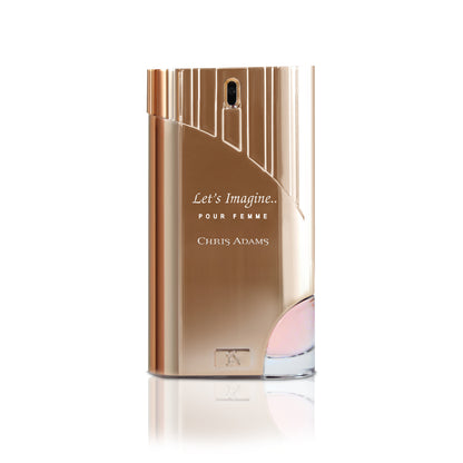 Perfume bottle with 'Let's Imagine... Pour Femme' by Chris Adams on a white background