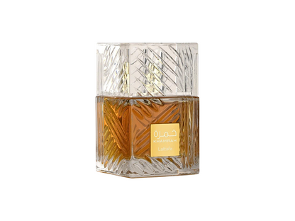 Khamrah perfume bottle with a gold label on a white background
