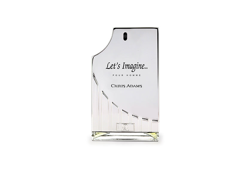 Perfume bottle labeled 'Let's Imagine... Chris Adams' on a white background